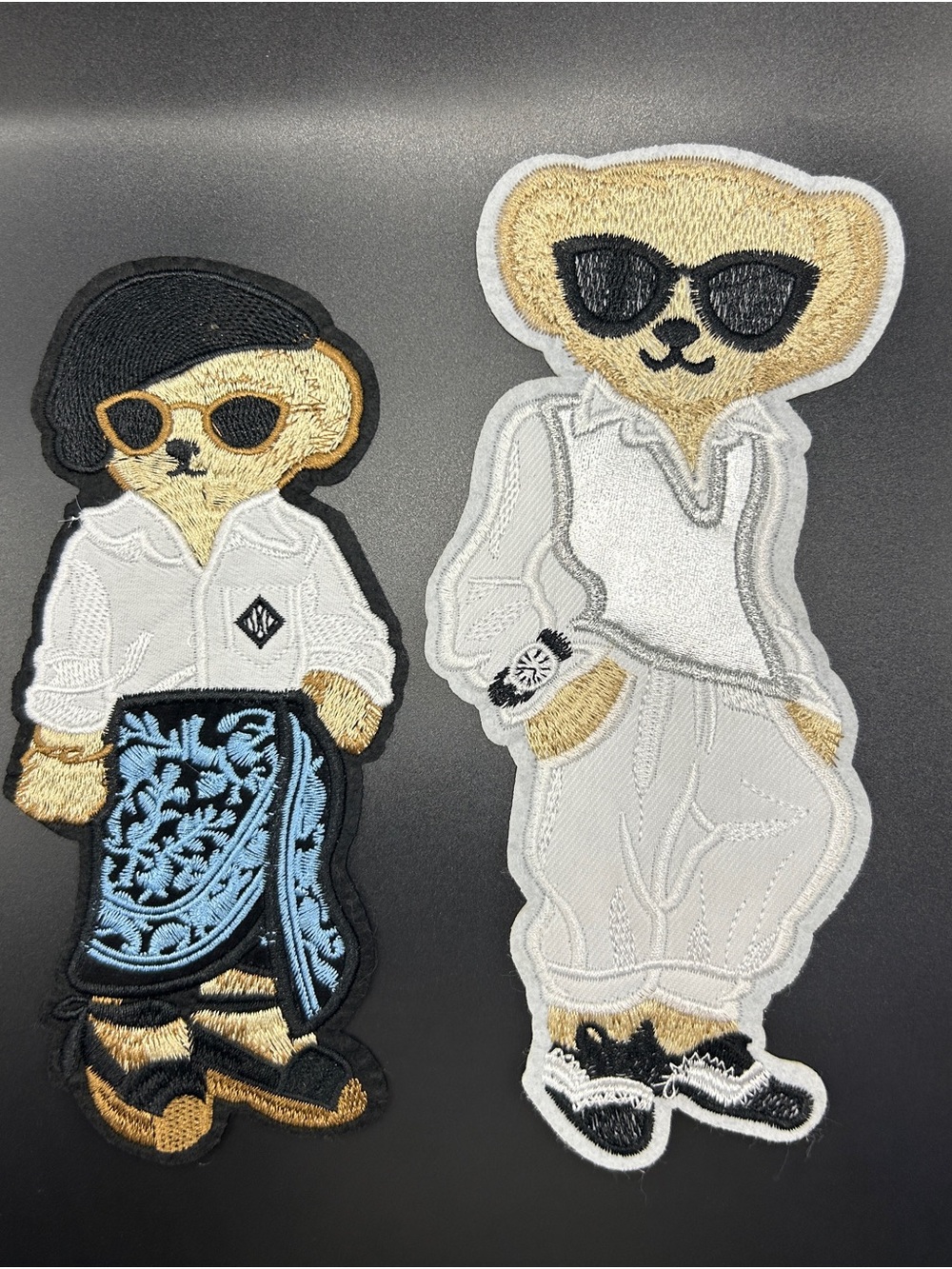 Bear Patch Pair - White, Black & Tan Embroidered Appliqués a lot of 2 /Iron on